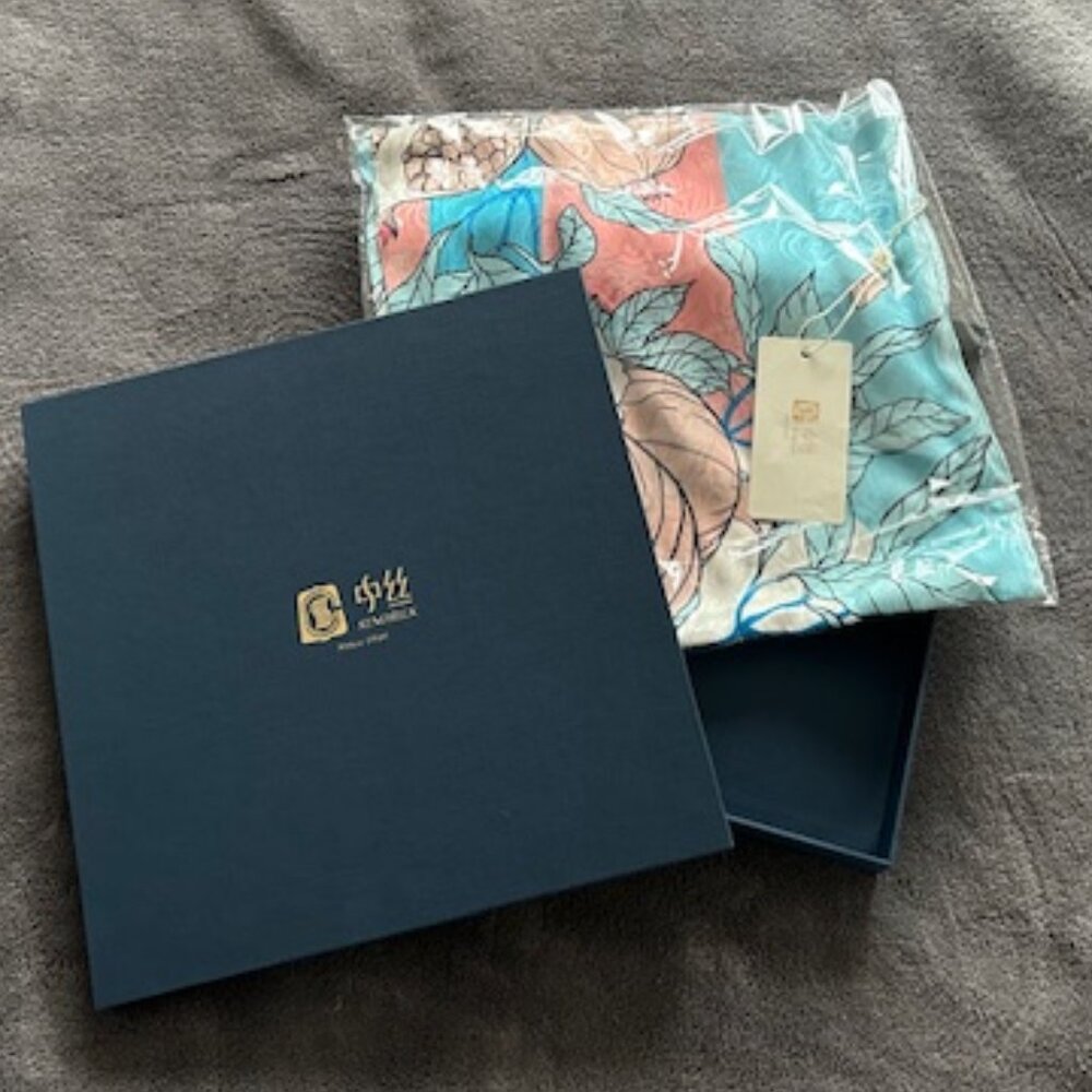 Sinosilk scarf - lt blue and pink floral pattern